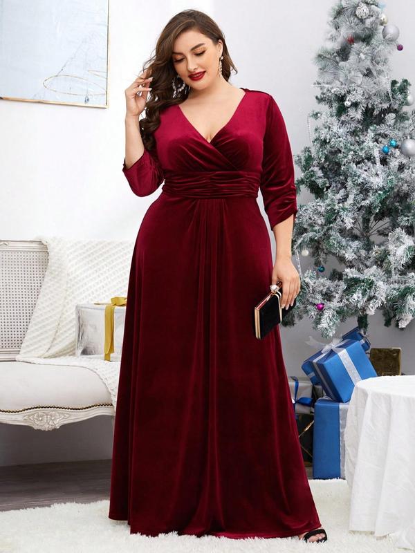  Plain Ruched V Neck Velvet Dress, Elegant 3 4 Sleeve A Line Dress for Party Holiday Wedding Guest, Women's Clothes for Fall & Winter