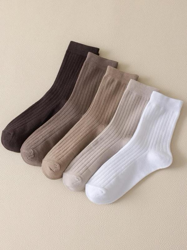 Women's 5 Pairs Minimalist Solid Crew Socks, Comfort Cozy Multi-pack Fashion Casual Cozy Breathable Soft Mid-calf Socks for Daily Outdoor Wear, Women Socks for Fall Winter, Womenswear