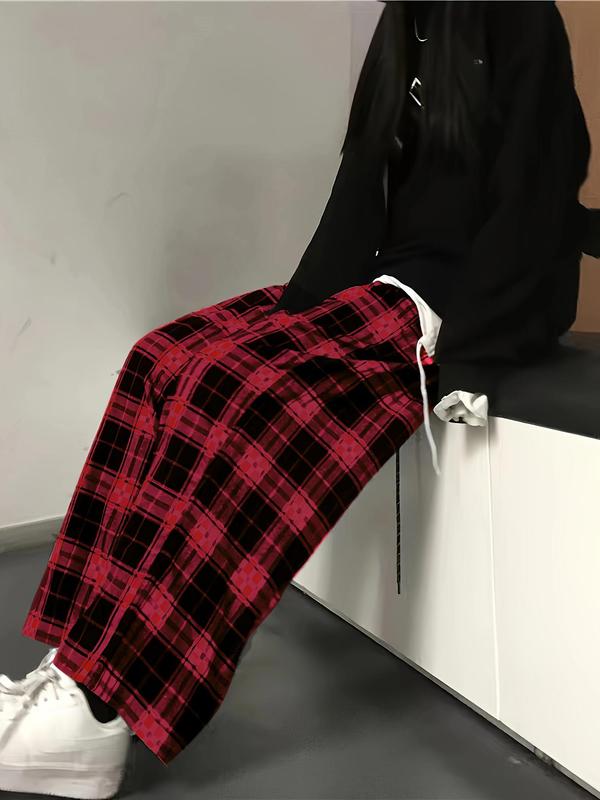 Women's Plaid Print Drawstring Waist Straight Leg Pants, Casual Comfy High Waist Trousers for Daily Wear, Womenswear Bottoms for Fall, Fall Outfits