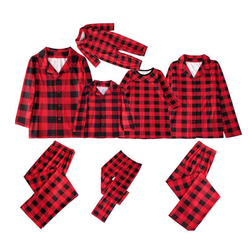 Red Black Matching Christmas Pajamas For Family, Plaid Print Long Sleeve Lapel Shirt, Pants, Dress, Jumpsuit, Dog Triangular Bib