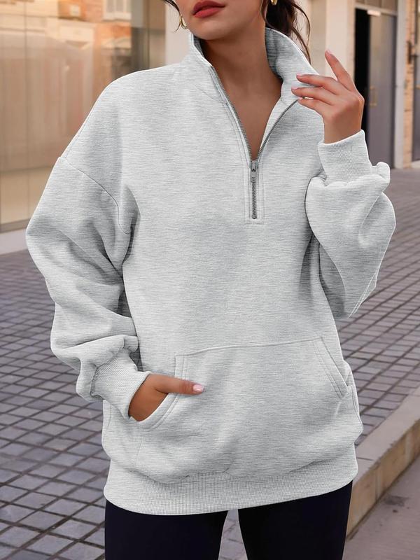 Women's Solid Drop Shoulder Zip Up Thermal Lined Sweatshirt, Casual Long Sleeve Stand Collar Pocket Pullover for Spring & Fall, Ladies Sleepwear for Indoor Wear