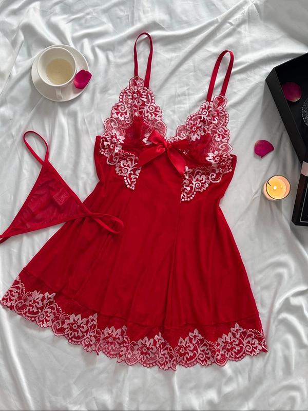 Women's 2pcs Sheer Floral Embroidery Bow Decor Cami Nightdress & Thong Sexy Lingerie Set, Ruffle Hem Sleeveless Nightgown & Panty Two-Piece Lingerie Set, Chic Lingerie Set for Women