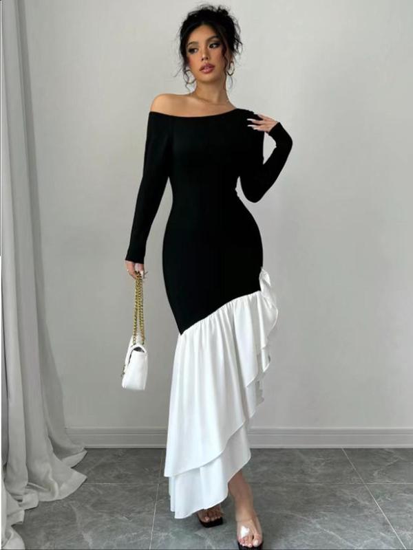 Women's Colorblock Asymmetrical Neck Tiered Layer Mermaid Dress, Elegant Long Sleeve Asymmetrical Hem Dress for Party Holiday Wedding Guest, Ladies Spring & Fall Clothes