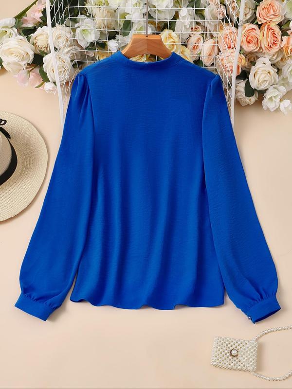 Women's Plain Notched Neck Bishop Sleeve Blouse, Casual Flap Detail Long Sleeve Top for Daily Wear, Ladies Clothes for All Seasons