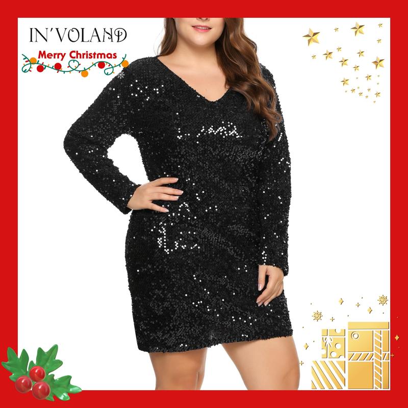 Holiday haul IN'VOLAND Womens Sequin Dress Plus Size V Neck Party Cocktail Dresses Elegant Fabric Formal Womenswear