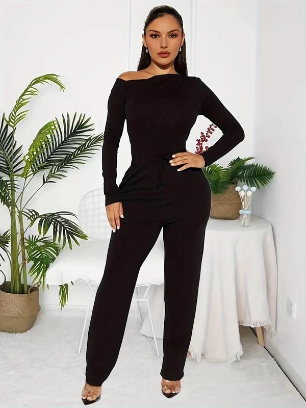 Women's Solid Asymmetrical One Shoulder Drawstring Jumpsuit, Casual Pocket Long Sleeve One Piece Jumpsuit For Spring & Fall, Women's Clothes