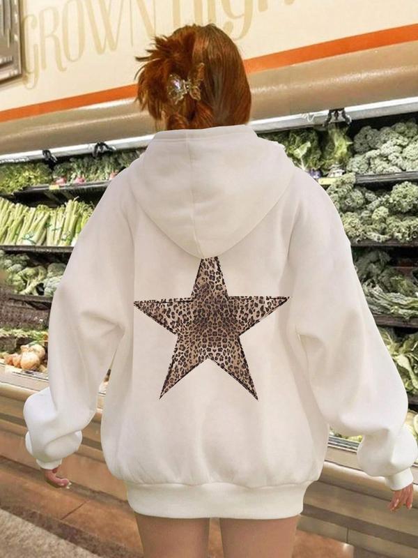 Women's Star Print Drop Shoulder Hoodie, Fashion Casual Drawstring Pocket Hooded Sweatshirt for Daily Holiday Outdoor Wear, Women Clothing for Fall & Winter