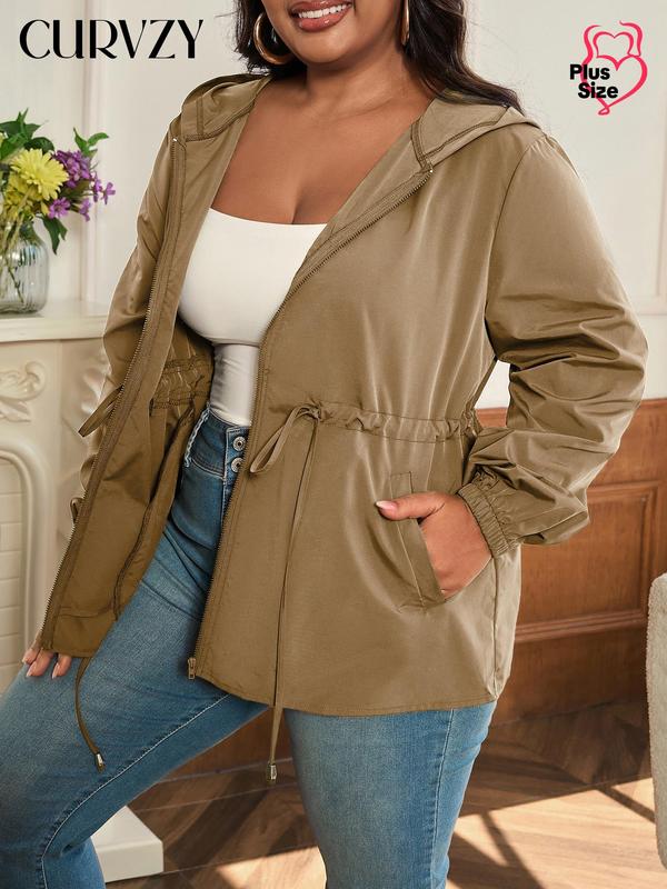 CURVZY Christmas Deals, Plus Size Solid Drawstring Pocket Zipper Hooded Coat, Casual Jackets, Long Sleeve Outerwear for Fall, Women's Clothes for Daily Wear, Christmas 2024 Trend, Fall & Winter Clothes