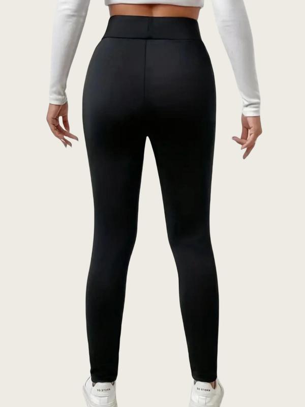 Women's Solid High Waist Thermal Lined Leggings, Casual Soft Skinny Pants, Women's Thermal Underwear for Fall & Winter