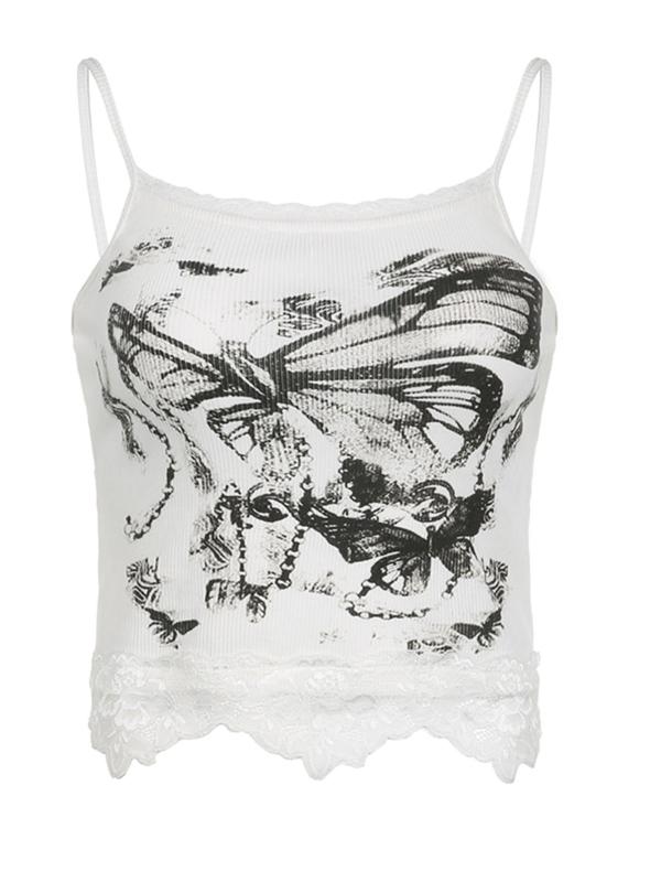 Women's Butterfly Print Contrast Lace Ribbed Crop Cami Top, Summer Clothes Women, Street Fashion Casual Sleeveless Top for Daily Outdoor Wear, Women Top Clothes for Summer