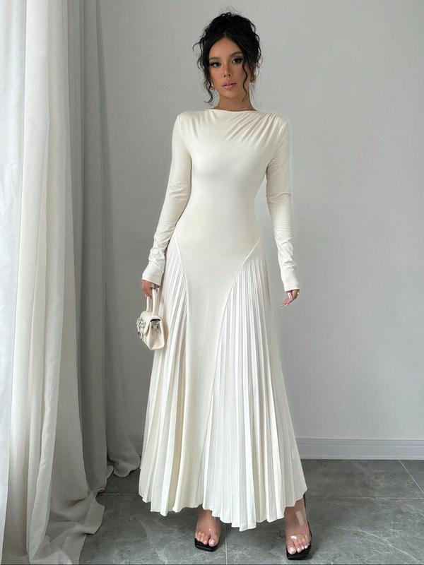 Women's Plain Pleated Long Sleeve A Line Dress, Elegant Round Neck Long Dress for Party Holiday Wedding Guest, Ladies Clothes for All Seasons