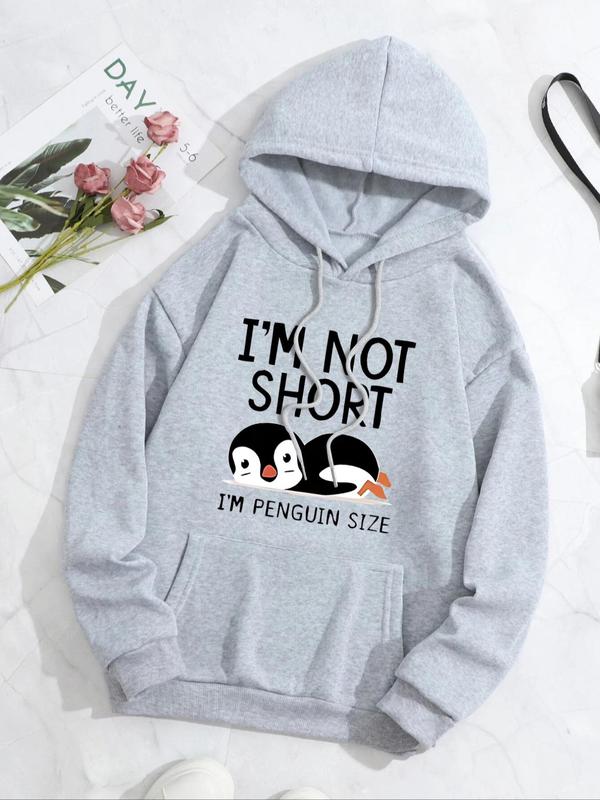 Women's Cartoon Penguin & Letter Print Drop Shoulder Hoodie, Fashion Casual Drawstring Pocket Hooded Sweatshirt for Daily Holiday Outdoor Wear, Ladies Clothes for Spring & Fall