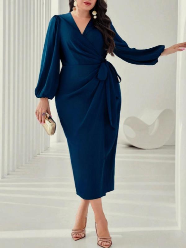 Plus Size Plain Belted Wrap V Neck Dress, Elegant Bishop Sleeve Knot Front Dress for Party Holiday Wedding Guest, Women's Clothes for Spring & Fall