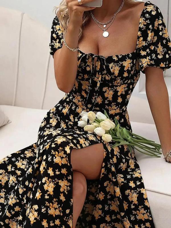 Women's Floral Print Puff Sleeve Split Thigh Tie Front A Line Vintage Dress, Boho Romantic Short Sleeve Square Neck Long Dress for Party Holiday Wedding Guest, Frenchy Style Dresses for Women, Milkmaid Dress, Summer Dresses 2024, Ladies Summer Clothes