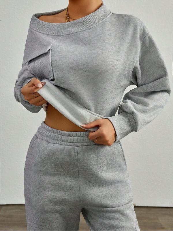 Women's Solid Asymmetrical Neck Sweatshirt & Pocket Pants Two-piece Set, Casual Fashion Cozy Breathable Two Piece Outfits for Daily Outdoor Wear, Women Clothes for Fall & Winter