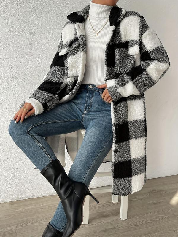 Women's Plaid Print Button Front Fuzzy Jacket, Casual Long Sleeve Collared Outerwear for Fall & Winter, Women's Clothes for Daily Wear