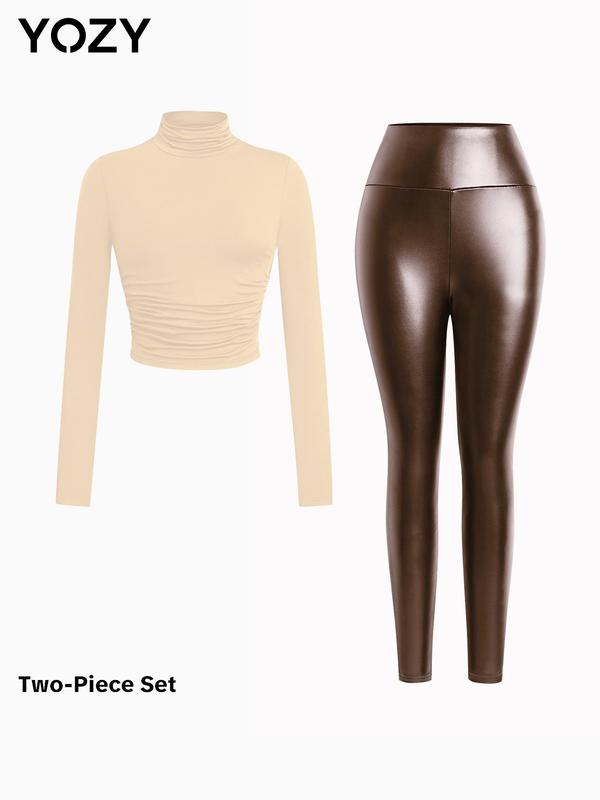 YOZY Christmas Deals, [size 8-18] Plain High Neck Ruched Tee & PU Leather Skinny Pants  Long Sleeve Top & High Waist Leggings, 2024 Women's All Seasons Outfits for Outdoor Wear, Christmas 2024 Trend, Fall & Winter Outfits