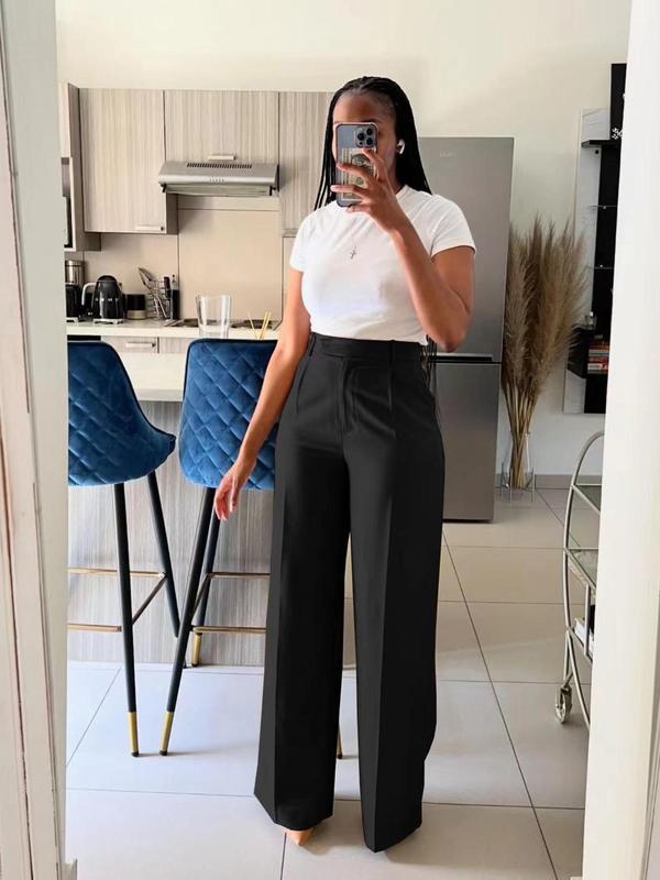 Women's Solid Color Plicated High Waist Pants, Casual Comfy Pocket Trousers for Daily Wear, Ladies Bottoms for All Seasons