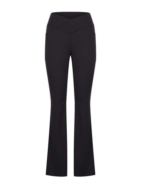 Women's Solid Pocket Flare Leg Sports Tummy Control Leggings, Casual Comfy High Waist Sports Flared Sweatpants for Yoga Gym Workout Running, Bell Bottoms Leggings, Women Sport & Outdoor Clothing, Fall Outfits 2024, Gym Clothing, Gym Clothes