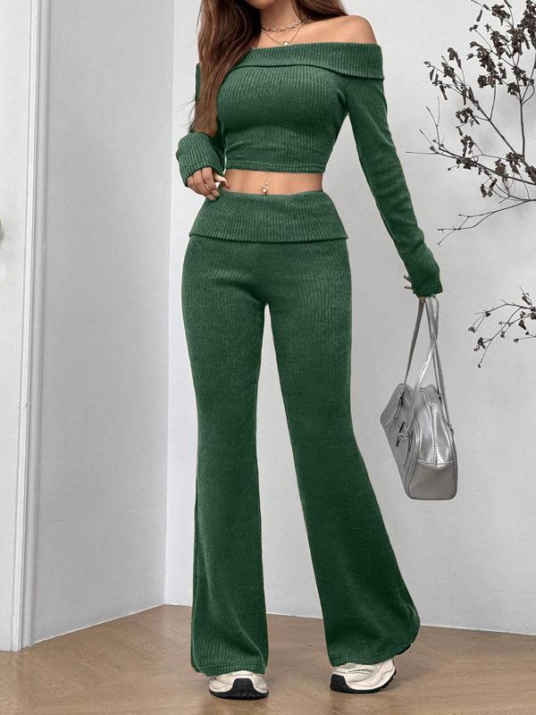 Women's Solid Off Shoulder Crop Top & Flare Leg Pants Ribbed Set, Street Fashion Casual Long Sleeve Top & Bell Bottom Trousers for Daily Outdoor Wear, Women's Clothing for Spring & Fall