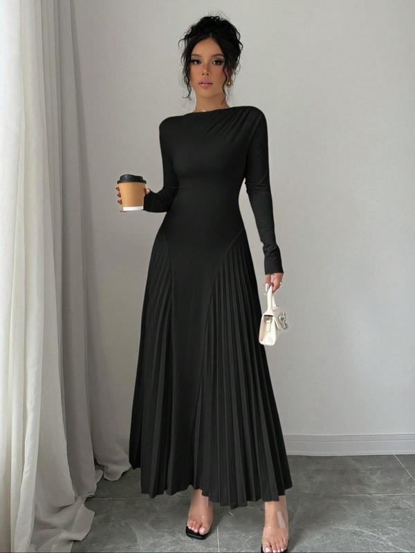 Women's Plain Pleated Long Sleeve A Line Dress, Elegant Round Neck Long Dress for Party Holiday Wedding Guest, Ladies Clothes for All Seasons