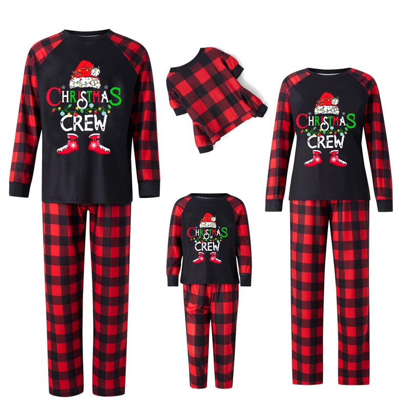 Christmas Family Pajamas Matching Set Letter Santa Hat Print Long Sleeve Tops and Plaid Pants Sleepwear