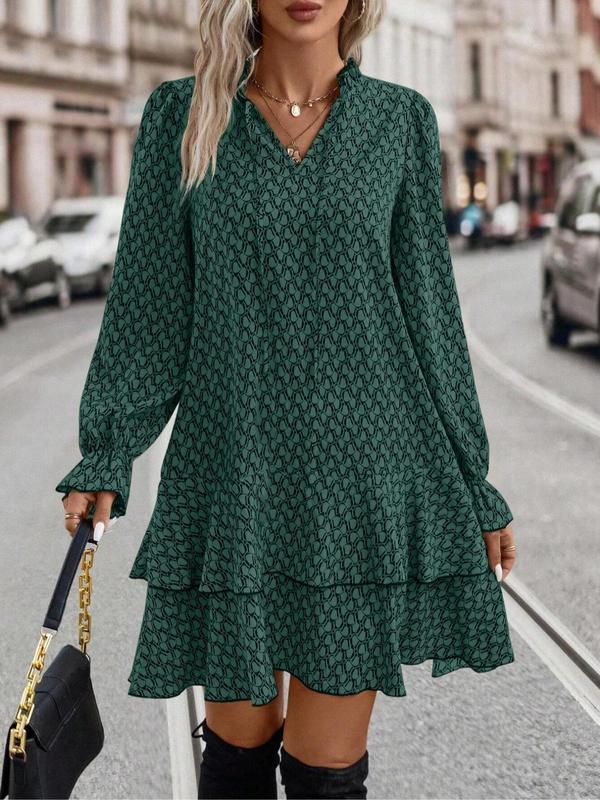 Plus Size All Over Print Frill Trim Tie Neck Ruffle Hem Dress, Plus Casual Flounce Sleeve Tiered Layer Hem Short Dress for Spring Fall, Women's Plus Long Sleeve Clothing for Daily Wear, Vintage Girly Clothes