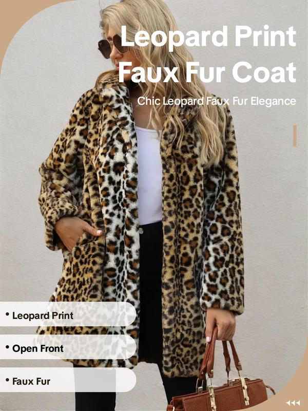 Women's Leopard Print Long Sleeve Faux Fur Coat, 1 Count Casual Open Front Outerwear for Fall & Winter, Winter Clothes Women,  Women's Clothing for Daily Wear