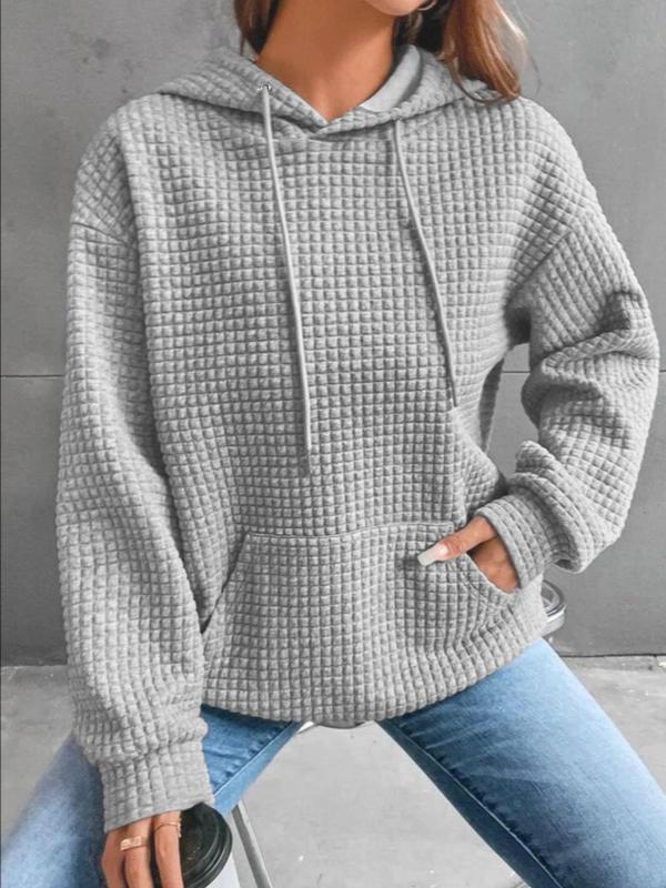 Women's Pocket Drop Shoulder Hoodie, Trendy Solid Textured Drawstring Top, Ladies Casual Long Sleeve Clothes for Fall & Winter, Womenswear