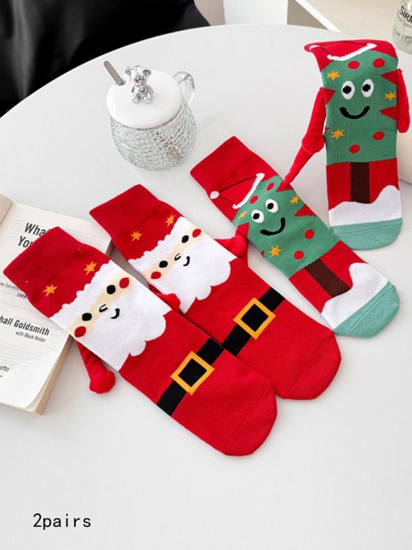 Magnetic Hand Holding Socks, Cartoon Santa Claus & Christmas Tree Pattern Crew Socks, Casual Comfy Breathable Socks for Women