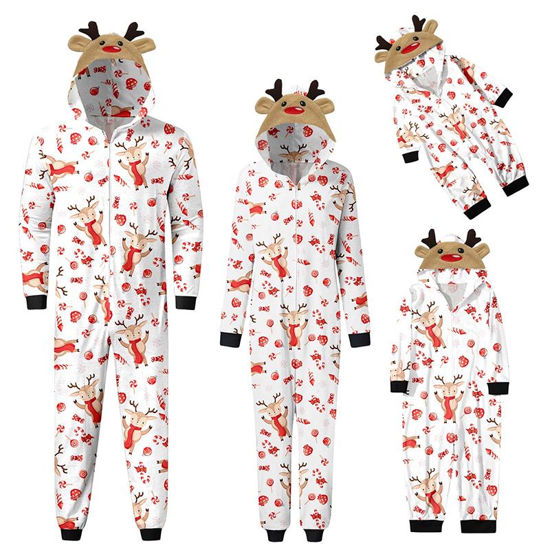 Family Matching Clothes Christmas Sleepwear, Cartoon Elk Snowman Print Long-Sleeve Zipper Hood  Jumpsuit