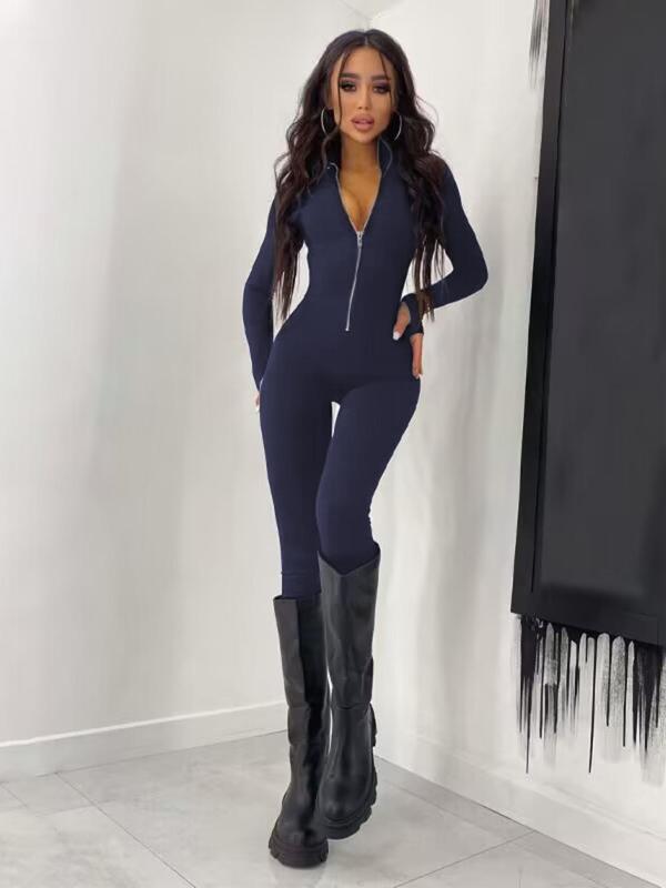 Women's Plain Long Sleeve Zipper Bodycon Jumpsuit, Comfort Casual Longsleeves Jumpsuit, Basic Womenswear, Slim-fit Solid One Piece Overalls, Ladies Clothes