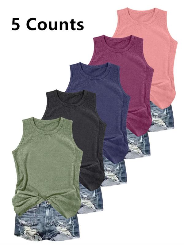 Women's Solid Round Neck Tank Top, Casual Sleeveless Top for Daily Wear, Ladies Clothes for All Seasons