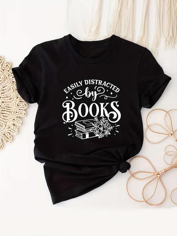  Letter & Books Print Round Neck Tee, Trendy Casual Short Sleeve Crew Neck T-shirt for Daily Wear,  Vintage Graphic Tees, Ladies Summer Outfit