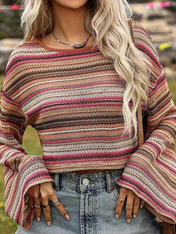 Women's Striped Drop Shoulder Knit Top, Casual Long Sleeve Round Neck Knitwear for Spring & Fall, Fashion Women's Knit Clothing for Daily Wear, Downtown Girl Clothes