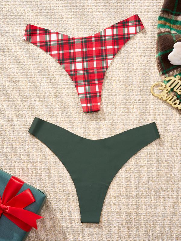 Women's Christmas Plain & Plaid Print Thong, Soft Comfy Breathable Seamless Panty for Daily Wear, Women's Underwear for All Seasons