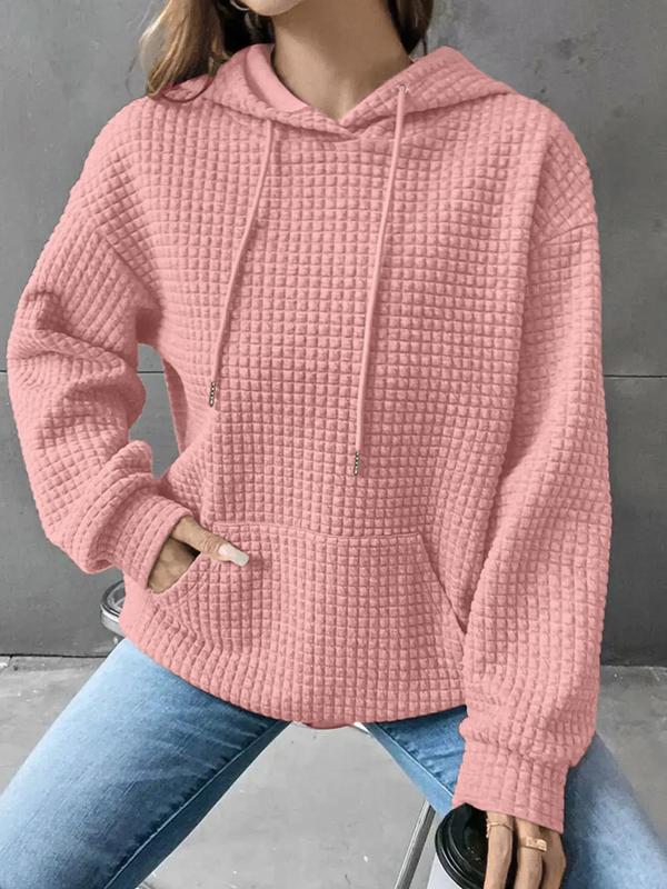 Women's Pocket Drop Shoulder Hoodie, Trendy Solid Textured Drawstring Top, Ladies Casual Long Sleeve Clothes for Fall & Winter, Womenswear