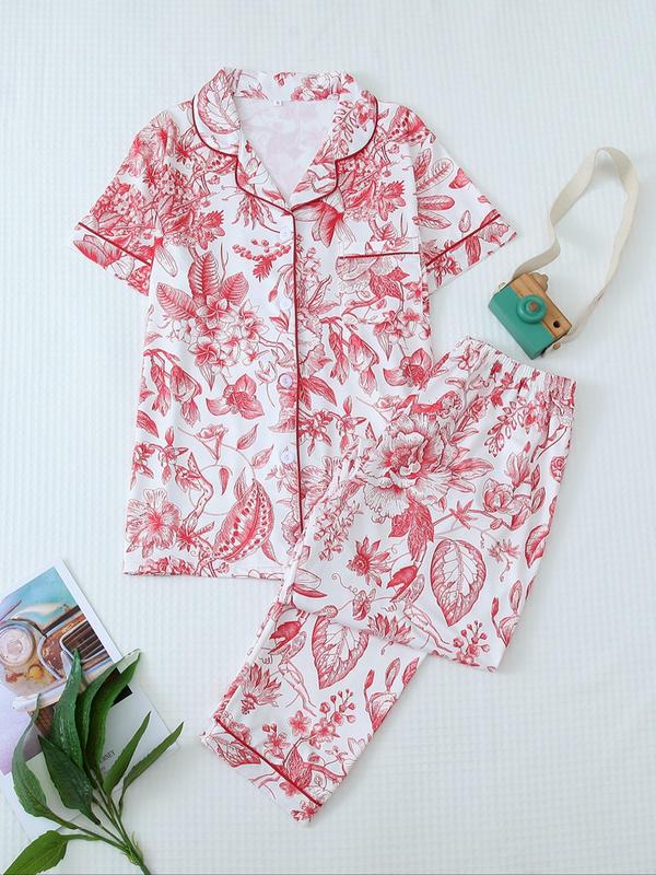 2 Counts Women's Plants Print Pyjama Set, Chic Pocket Button Sleep Shirt & Elastic Waist Pants, Summer Clothes Women, Breathable Pjs, Summer Wear 2024, Lady Comfort Loungewear, Girl Nightwear