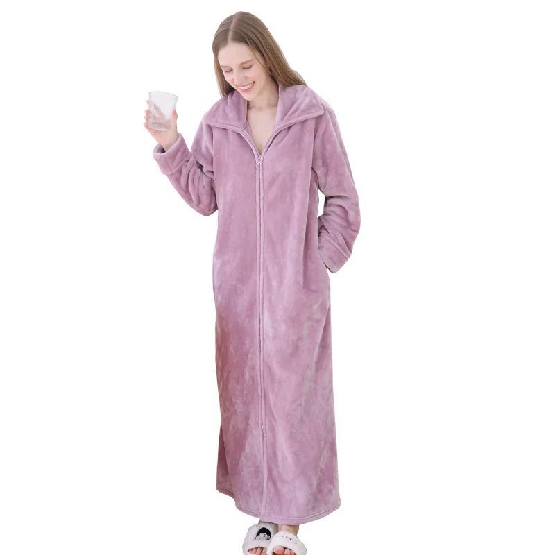 Autumn Winter Flannel Zipper Robes for Women Couples Night Dress Fashion Warm Big Lapels Kimono Lengthen Thicken Dressing Gown