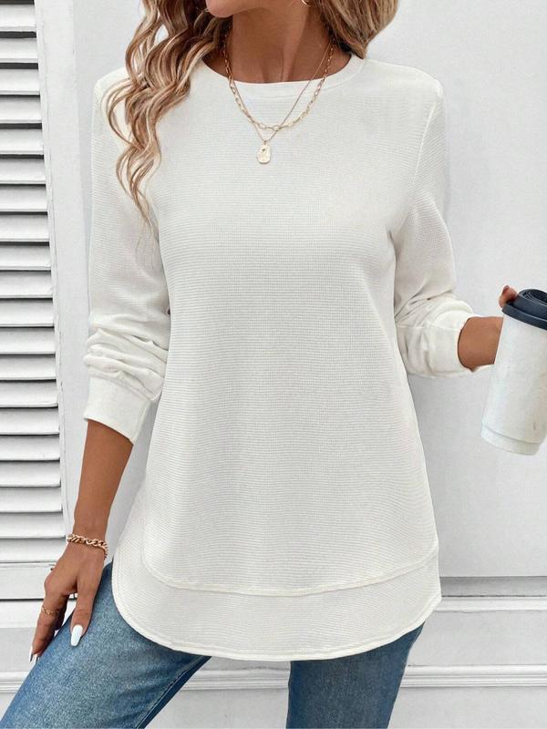 Women's Plain Waffle Knit Tee, Casual Long Sleeve Round Neck T-shirt for Daily Wear, Ladies Clothes for All Seasons