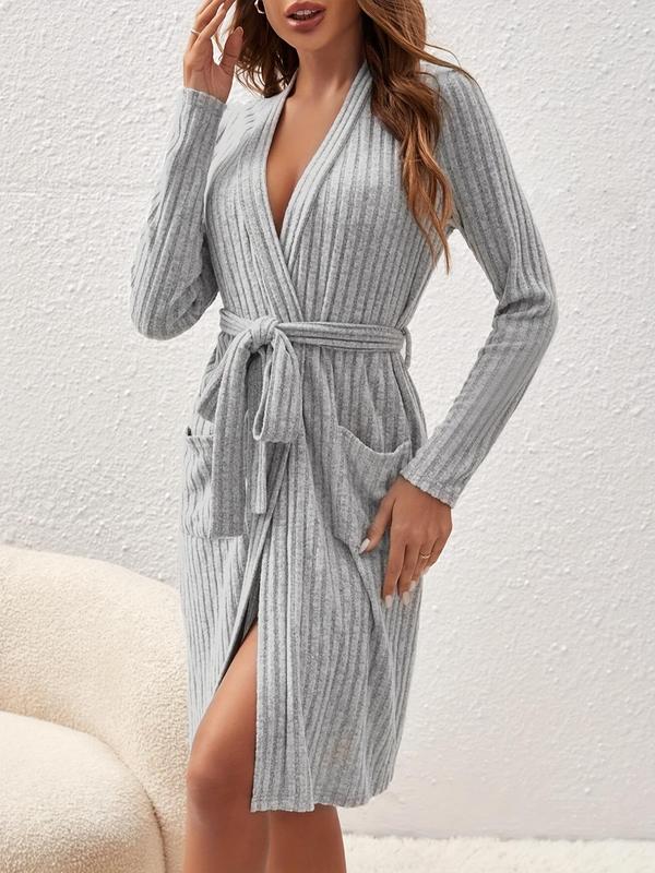 Women's Solid Belted Deep V Neck Bathrobe, Casual Long Sleeve Knee Length Robe, Ladies Sleepwear for Spring & Fall