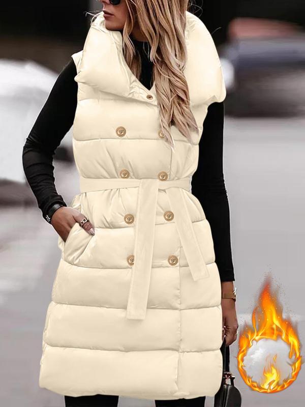 Women's Solid Double Button Pocket Belted Quilted Vest, Casual Tops, Sleeveless High Neck Warm Outerwear for Fall & Winter, Women's Clothing for Daily Wear