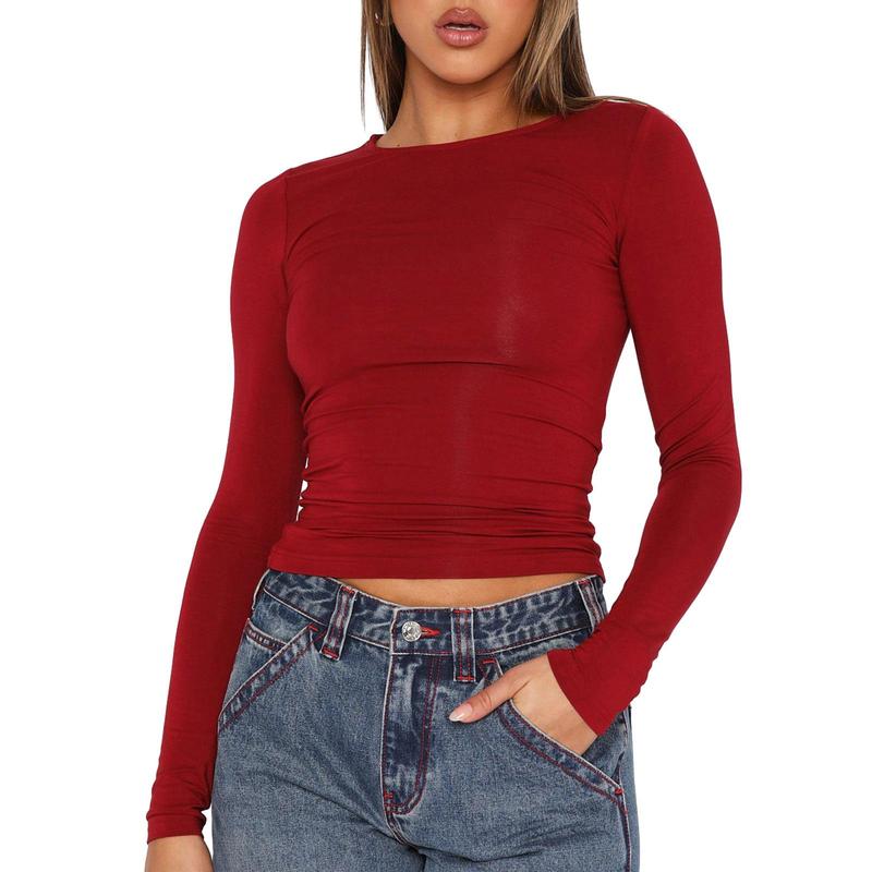 Women's Tight Long Sleeve Shirt - Casual Slim Fit Ruched Crinkle Crop Tops Solid Scoop Neck Pullover Tight T-Shirts Comfort Everyday