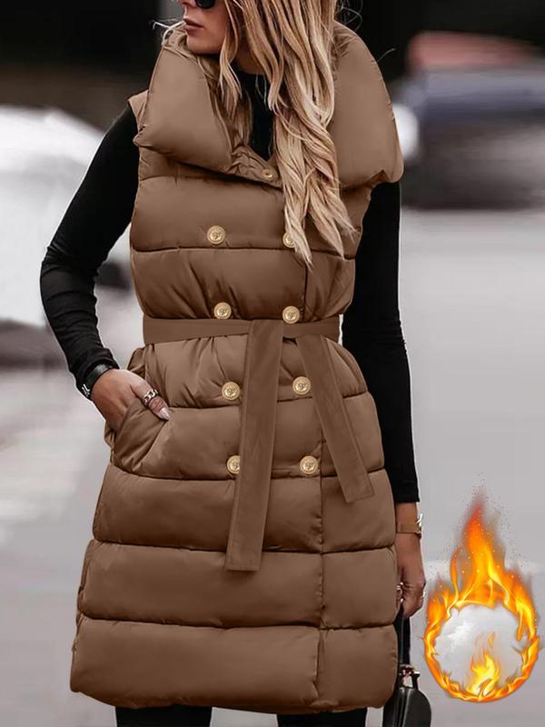 Women's Solid Double Button Pocket Belted Quilted Vest, Casual Tops, Sleeveless High Neck Warm Outerwear for Fall & Winter, Women's Clothing for Daily Wear