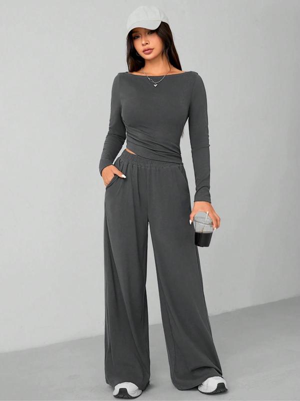 Women's Solid Ruched Tee & Wide Leg Pants Two-Piece Set, Elegant Fashion Casual Boat Neck Long Sleeve Top & Pocket Trousers for Daily Outdoor Wear, Women's Clothing for Fall & Winter