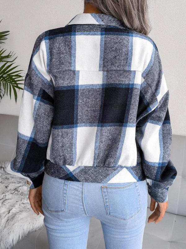 Women's Plaid Print Collared Long Sleeve Button Front Jacket, Pocket Design Drop Shoulder Button Up Outerwear, Women's Fall Tops Clothing, Preppy 80s Clothes