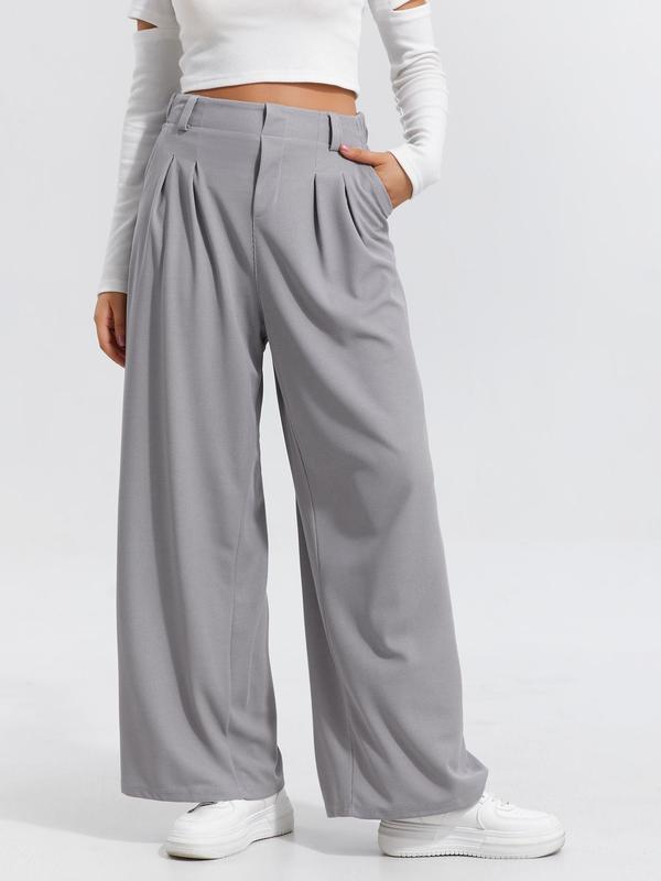 Women's Plain Plicated Elastic Waist Wide Leg Pants, Casual Comfy Pocket  Trousers for Daily Wear, Ladies Bottoms for All Seasons