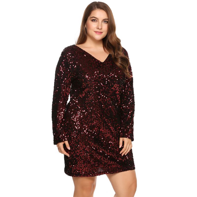 Holiday haul IN'VOLAND Womens Sequin Dress Plus Size V Neck Party Cocktail Dresses Elegant Fabric Formal Womenswear