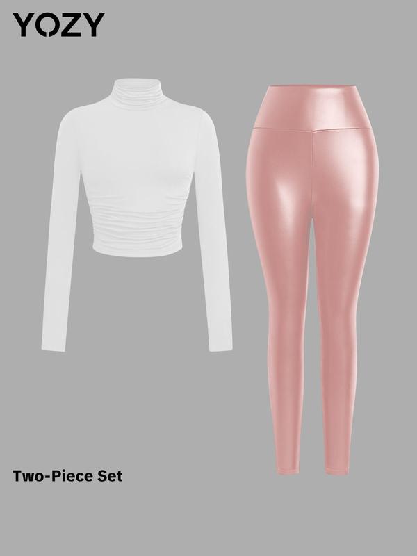 YOZY Christmas Deals, [size 8-18] Plain High Neck Ruched Tee & PU Leather Skinny Pants  Long Sleeve Top & High Waist Leggings, 2024 Women's All Seasons Outfits for Outdoor Wear, Christmas 2024 Trend, Fall & Winter Outfits