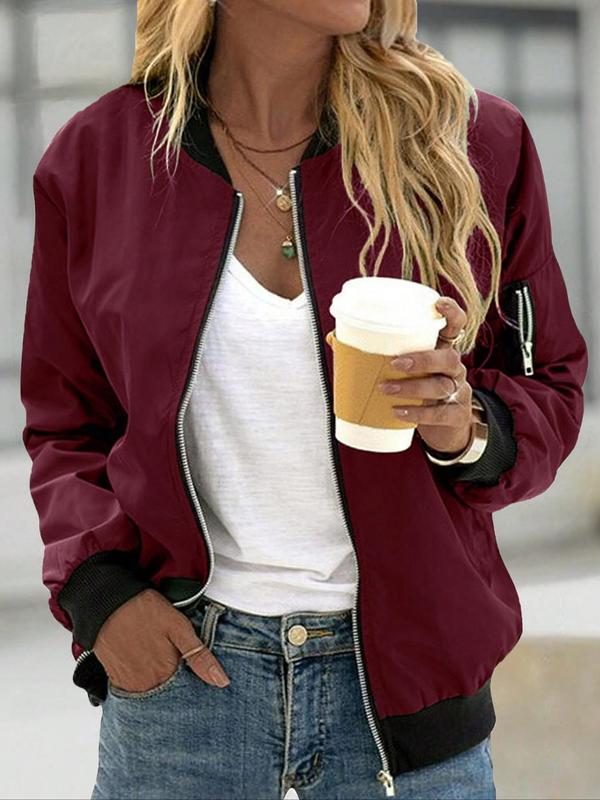 Women's Solid Color Zip Up Drawstring Pocket Drop Shoulder Bomber Jacket, Casual Long Sleeve Baseball Outerwear for Spring & Fall, Jackets for Women, Ladies Clothes for Daily Wear